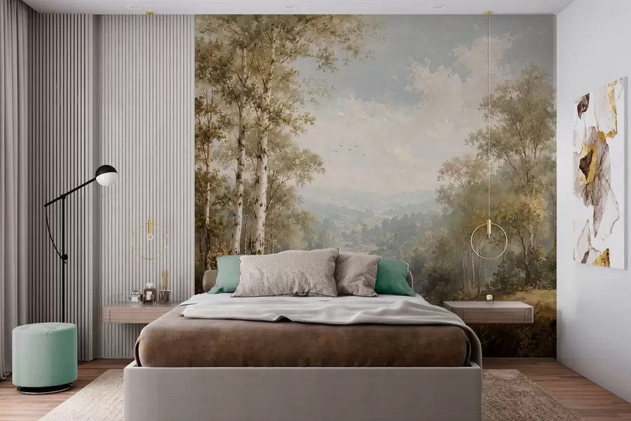 wall murals Светли речни пејзаж са брезама и облацима w05685