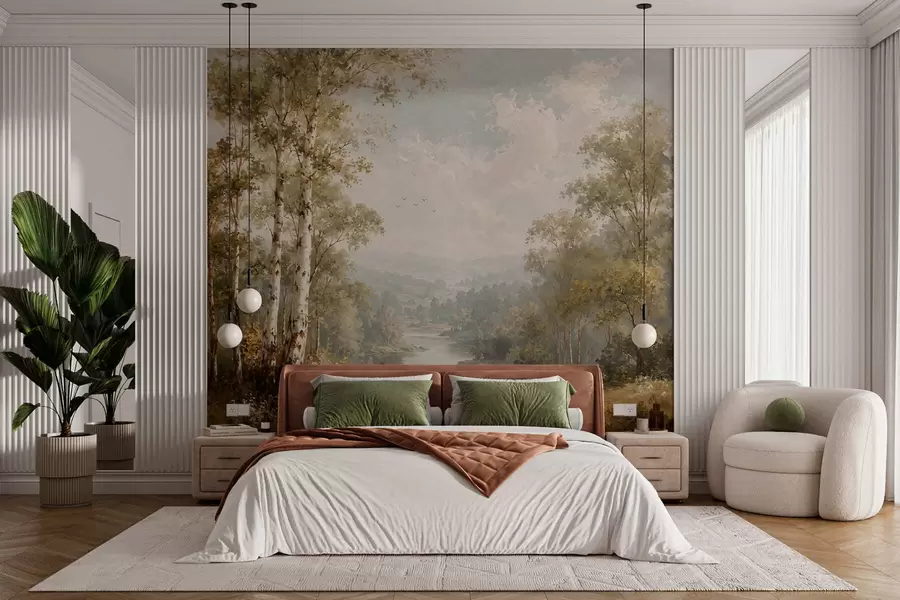 wall murals Светли речни пејзаж са брезама и облацима w05685