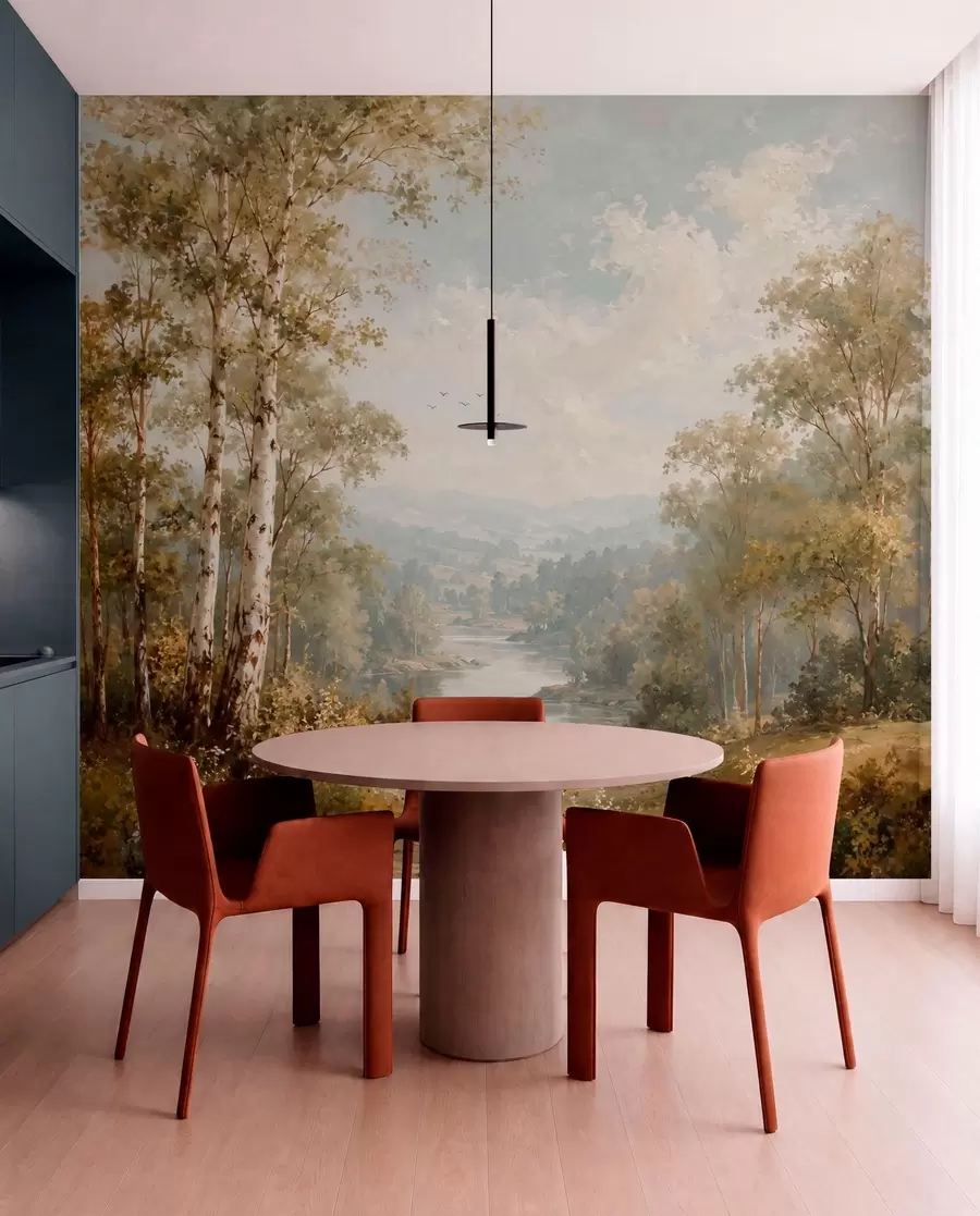 wall murals Светли речни пејзаж са брезама и облацима w05685