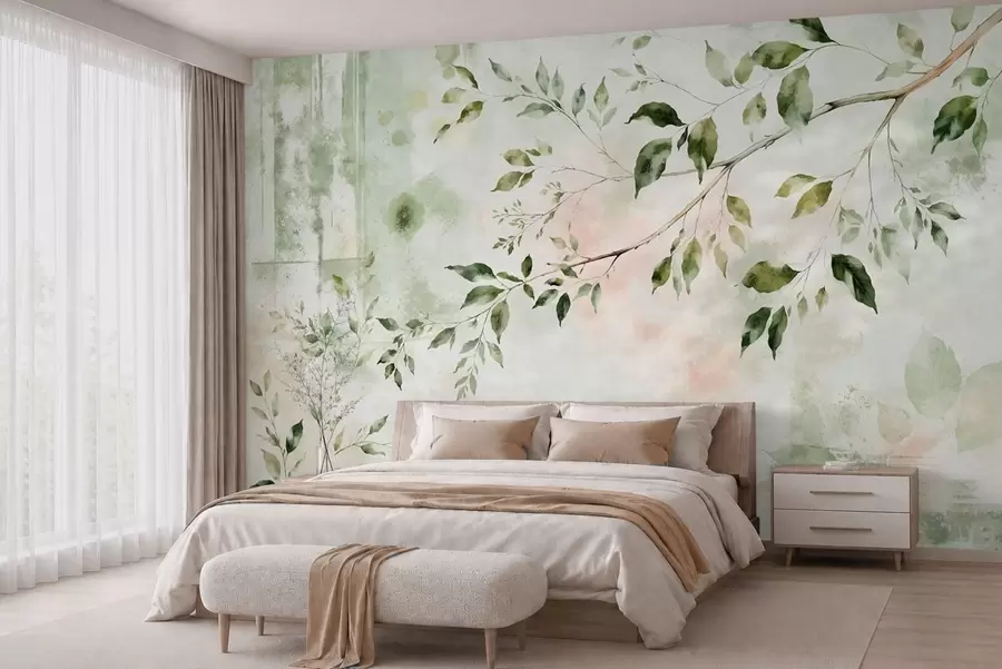 wall murals Акварелна лисната грана на светлој позадини w05688
