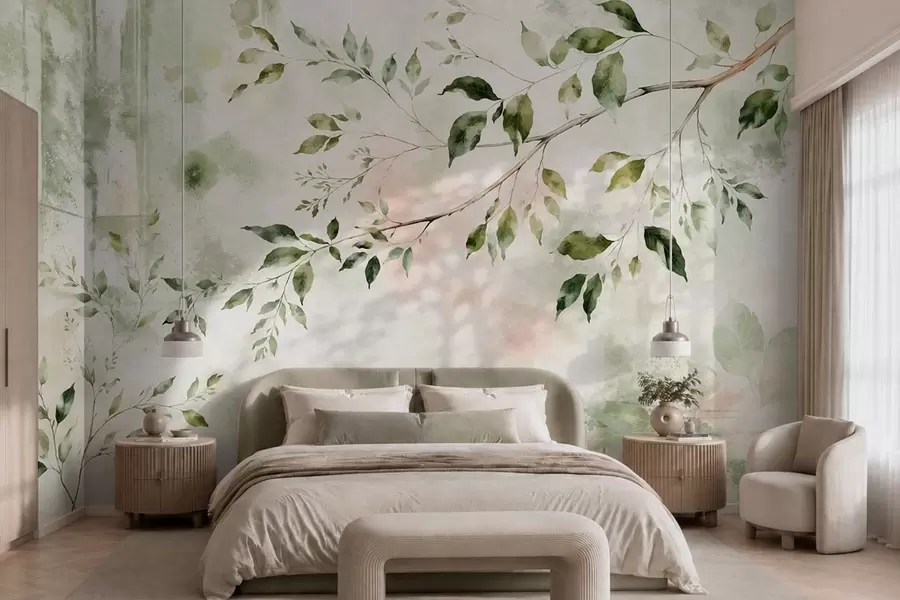 wall murals Акварелна лисната грана на светлој позадини w05688