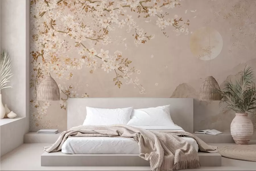 wall murals Светло цветајућа грана изнад магловитих планина и сунца w05695
