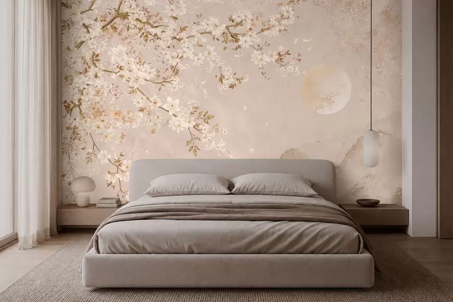 wall murals Светло цветајућа грана изнад магловитих планина и сунца w05695