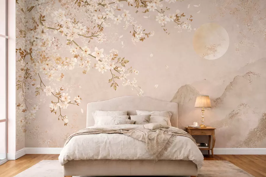 wall murals Светло цветајућа грана изнад магловитих планина и сунца w05695