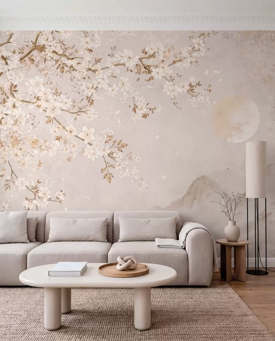 wall murals Светло цветајућа грана изнад магловитих планина и сунца w05695