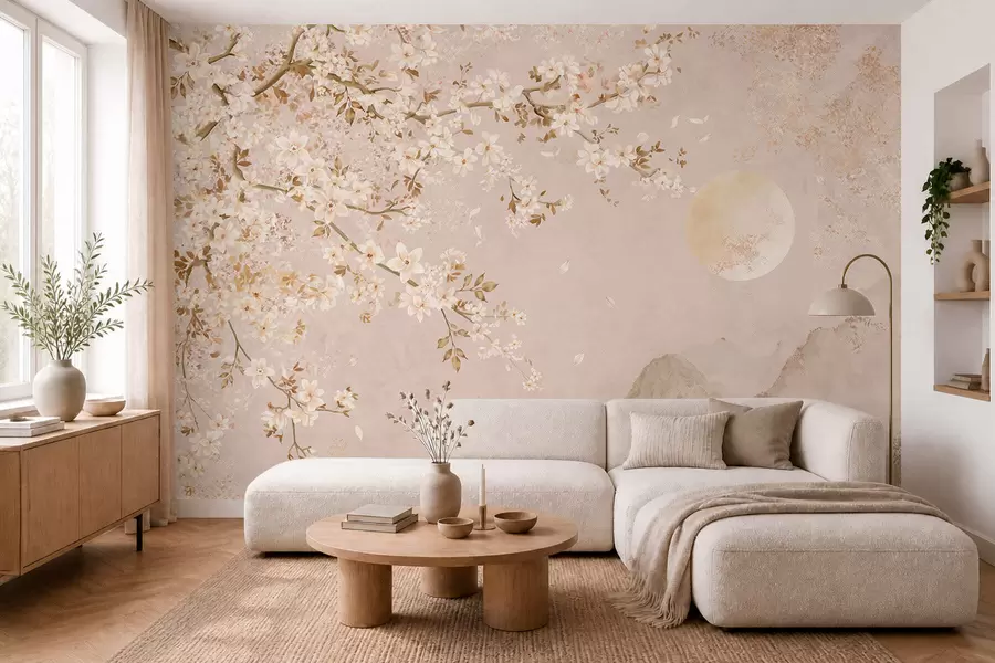 wall murals Светло цветајућа грана изнад магловитих планина и сунца w05695