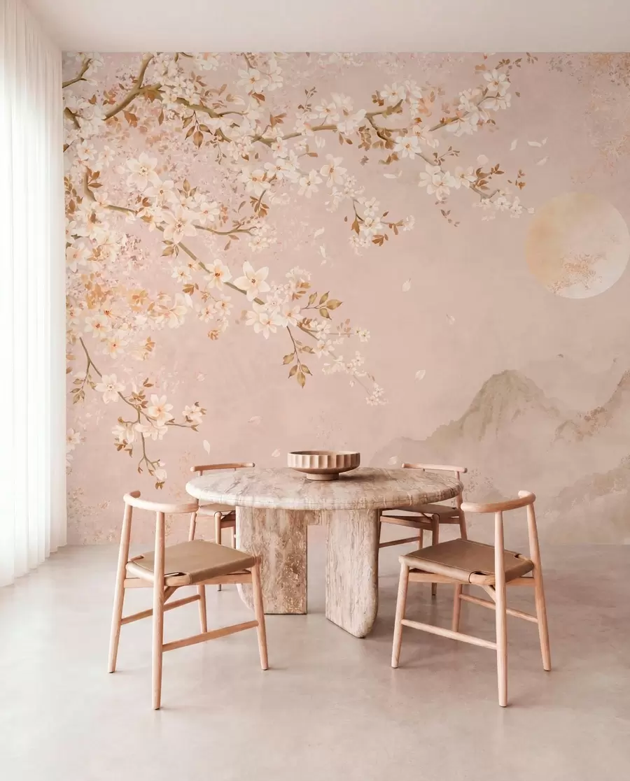 wall murals Светло цветајућа грана изнад магловитих планина и сунца w05695