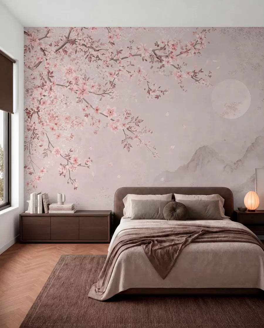 wall murals Ружичасти цветови на грани изнад меког планинског пејзажа w05695v1