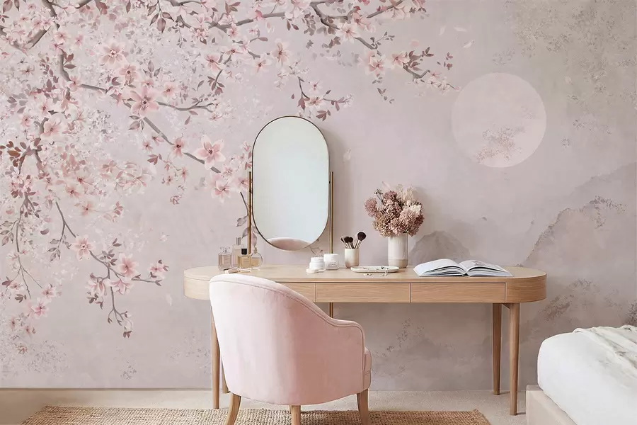 wall murals Ружичасти цветови на грани изнад меког планинског пејзажа w05695v1