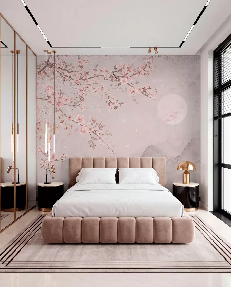 wall murals Ружичасти цветови на грани изнад меког планинског пејзажа w05695v1