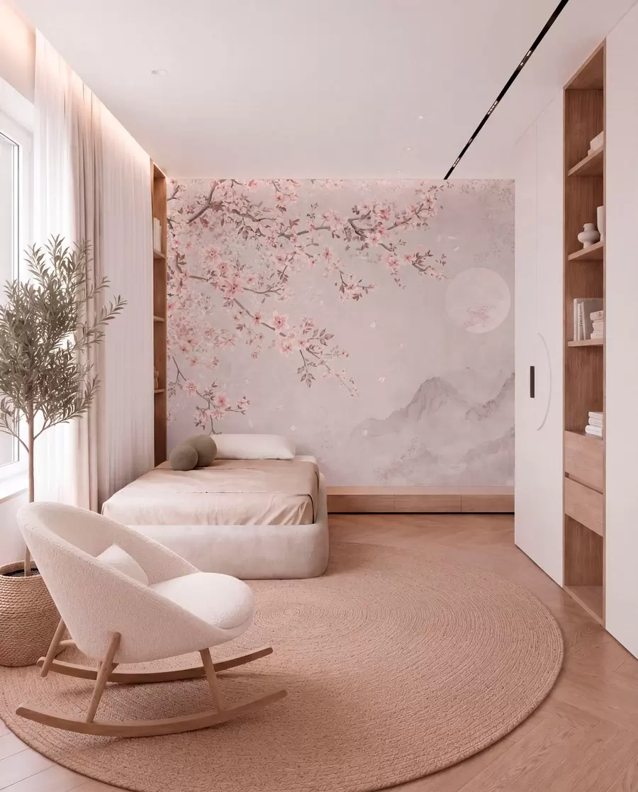 wall murals Ружичасти цветови на грани изнад меког планинског пејзажа w05695v1