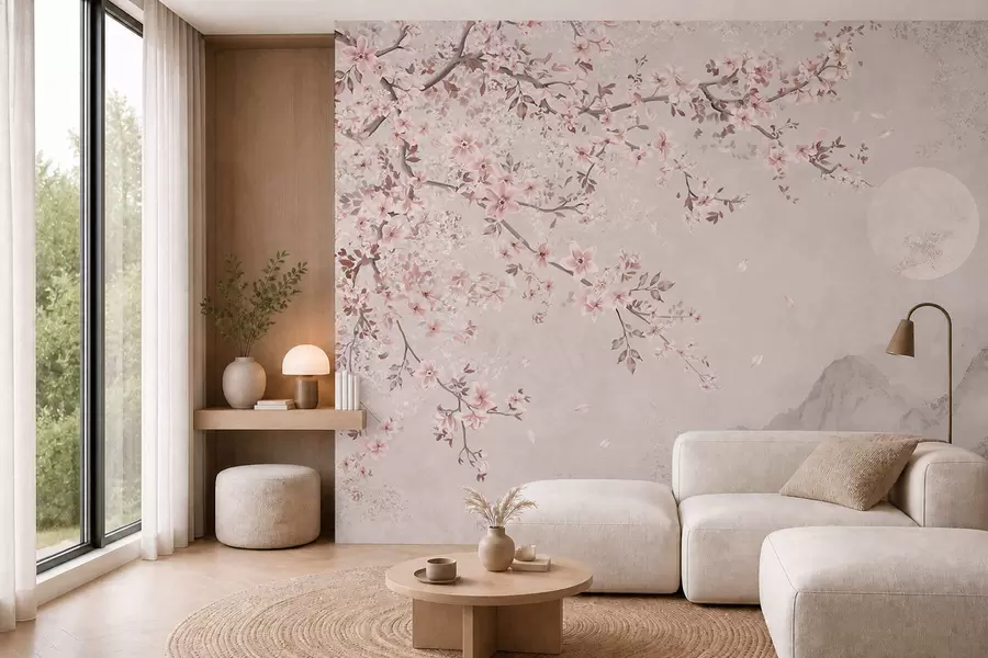 wall murals Ружичасти цветови на грани изнад меког планинског пејзажа w05695v1
