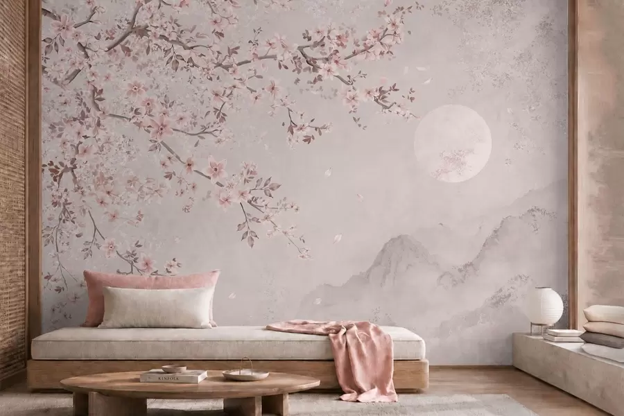 wall murals Ружичасти цветови на грани изнад меког планинског пејзажа w05695v1