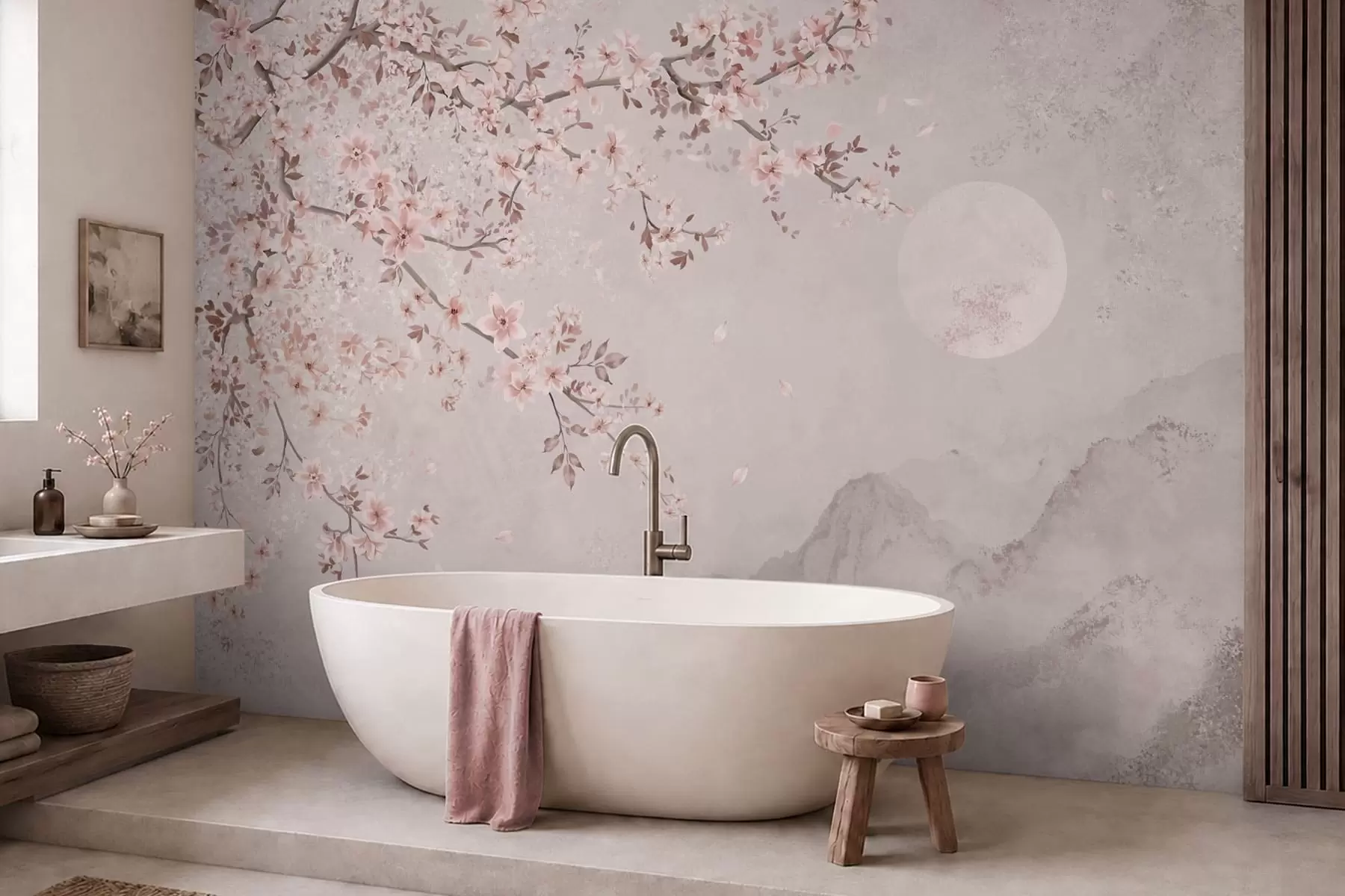 wall murals Ружичасти цветови на грани изнад меког планинског пејзажа w05695v1