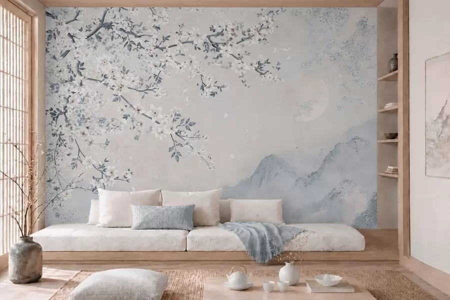 wall murals Нежна цветна грана изнад магловитих планина и месеца w05695v2