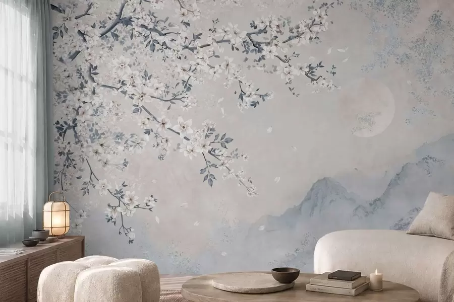 wall murals Нежна цветна грана изнад магловитих планина и месеца w05695v2