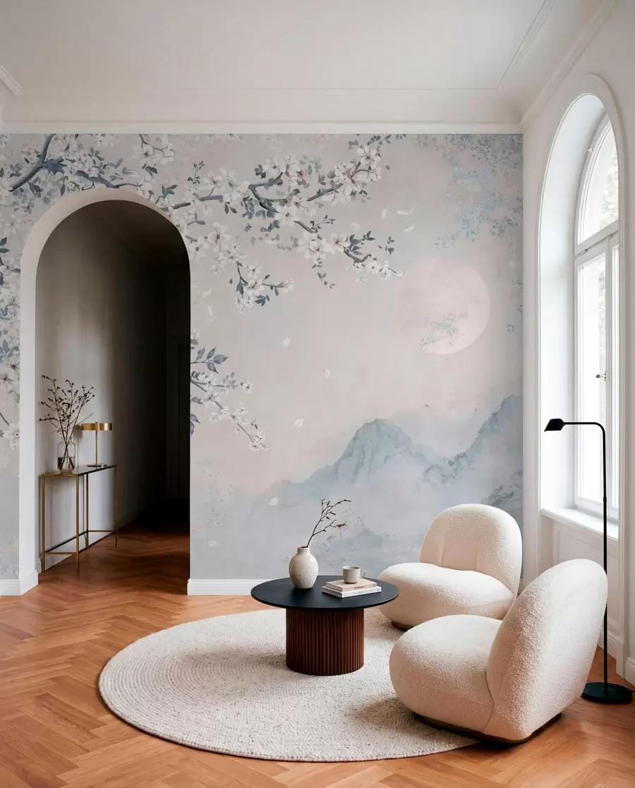 wall murals Нежна цветна грана изнад магловитих планина и месеца w05695v2