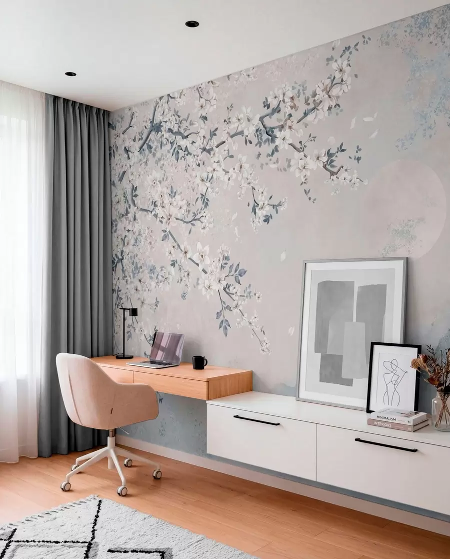 wall murals Нежна цветна грана изнад магловитих планина и месеца w05695v2