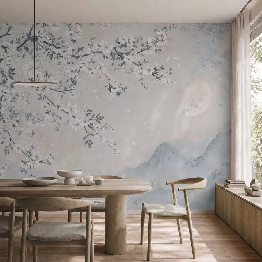 wall murals Нежна цветна грана изнад магловитих планина и месеца w05695v2