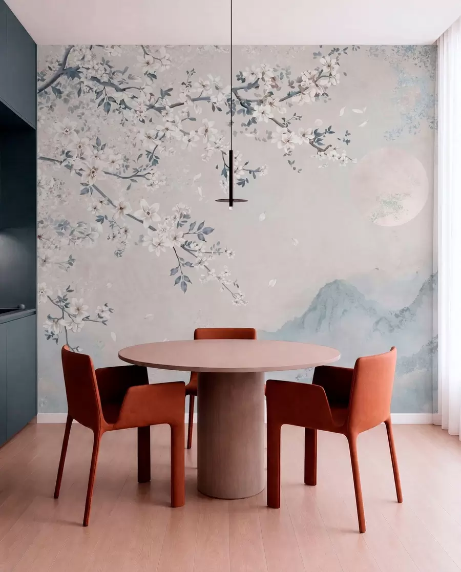 wall murals Нежна цветна грана изнад магловитих планина и месеца w05695v2