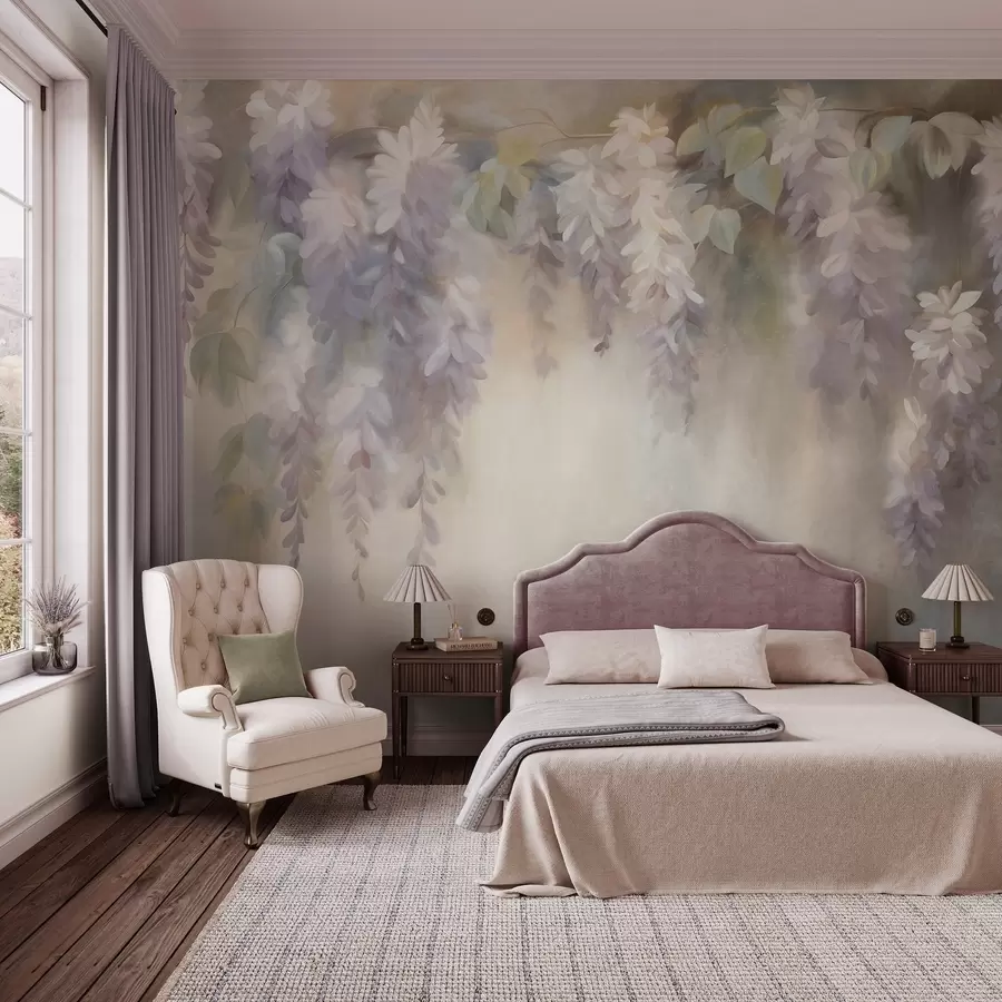 wall murals Текстурирани светло љубичасти цветови глициније висе са зеленим листовима, пастелна позадина w09896