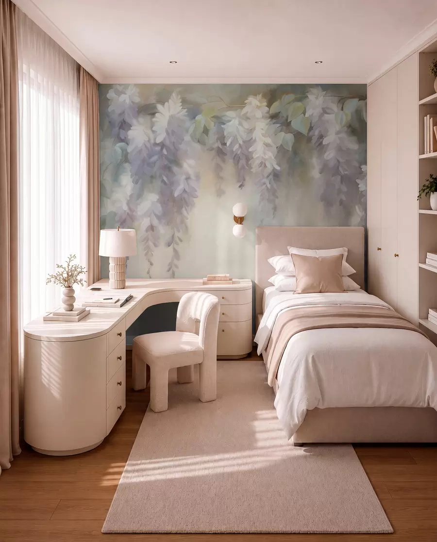 wall murals Текстурирани светло љубичасти цветови глициније висе са зеленим листовима, пастелна позадина w09896