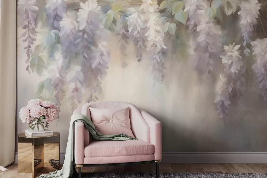 wall murals Текстурирани светло љубичасти цветови глициније висе са зеленим листовима, пастелна позадина w09896