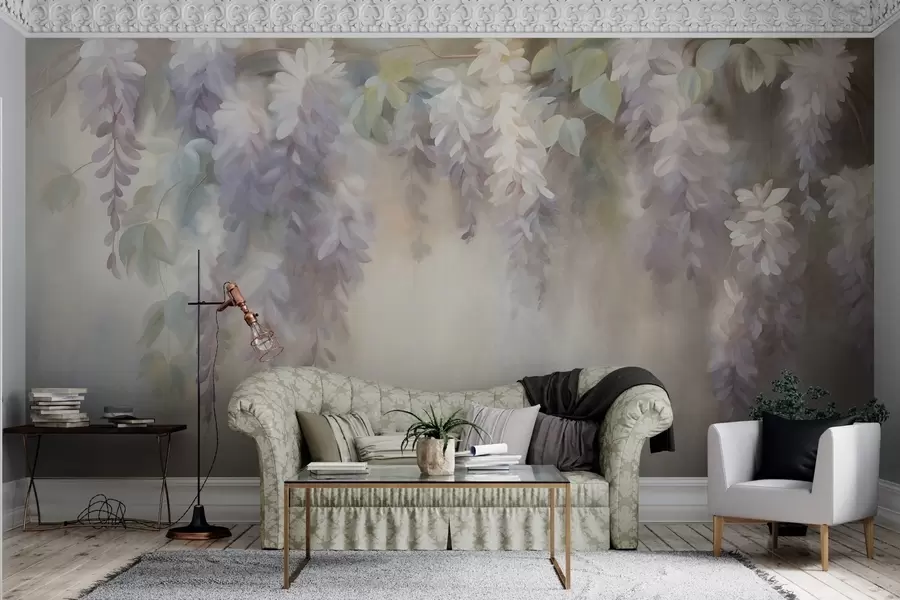 wall murals Текстурирани светло љубичасти цветови глициније висе са зеленим листовима, пастелна позадина w09896