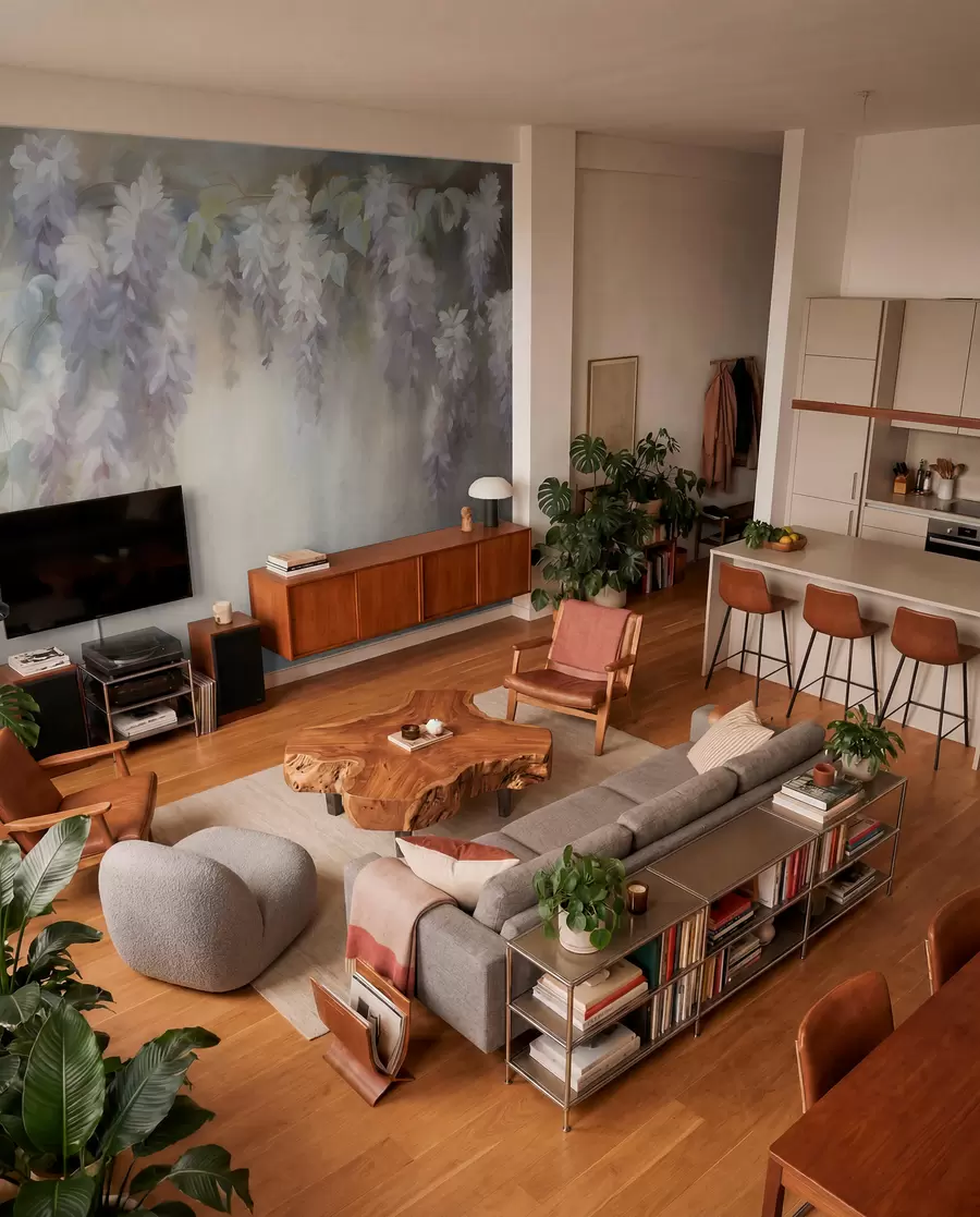 wall murals Текстурирани светло љубичасти цветови глициније висе са зеленим листовима, пастелна позадина w09896