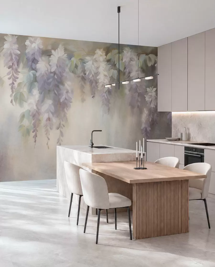 wall murals Текстурирани светло љубичасти цветови глициније висе са зеленим листовима, пастелна позадина w09896