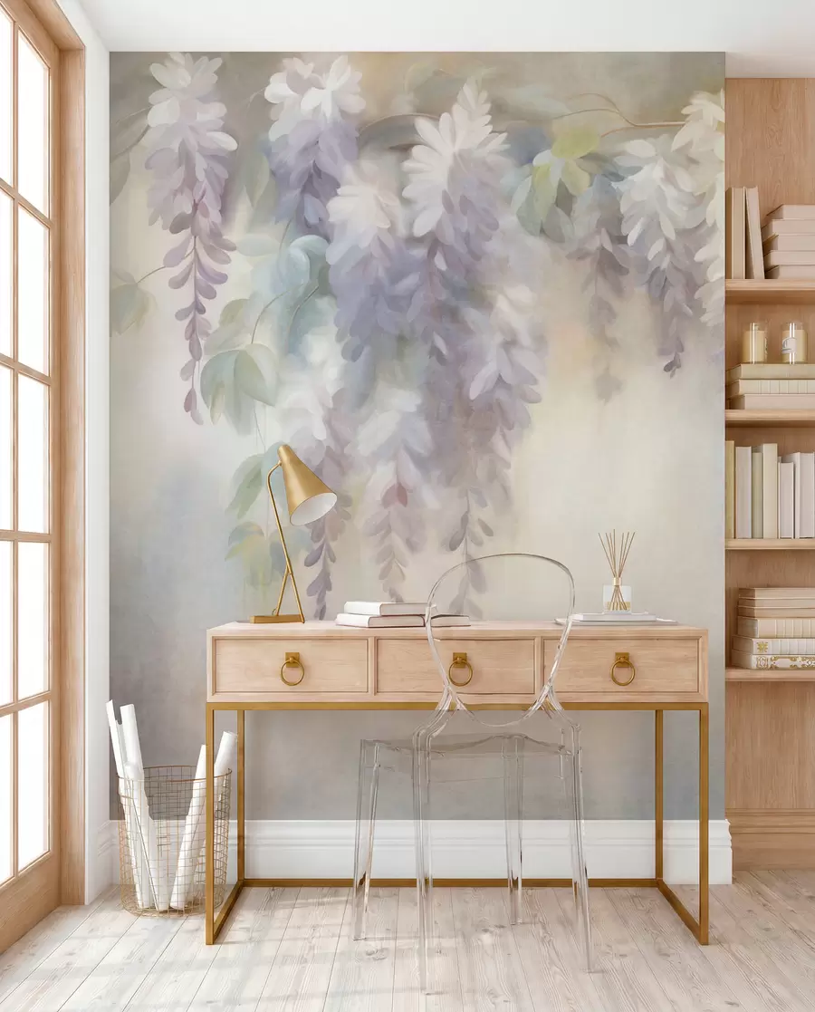 wall murals Текстурирани светло љубичасти цветови глициније висе са зеленим листовима, пастелна позадина w09896