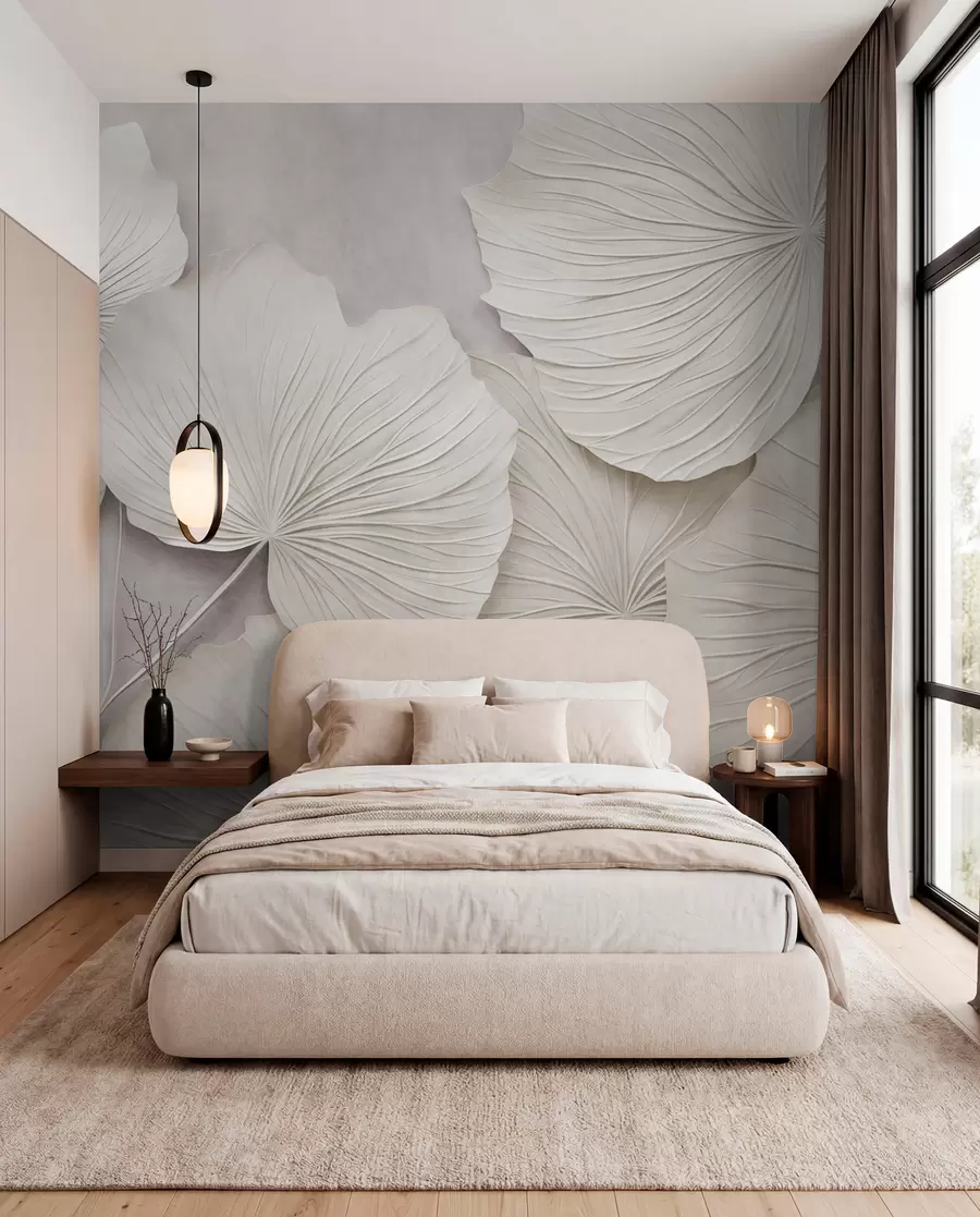wall murals Велики, текстурирани листови на мекој, пригушеној позадини, минималистичка модерна уметност w09897