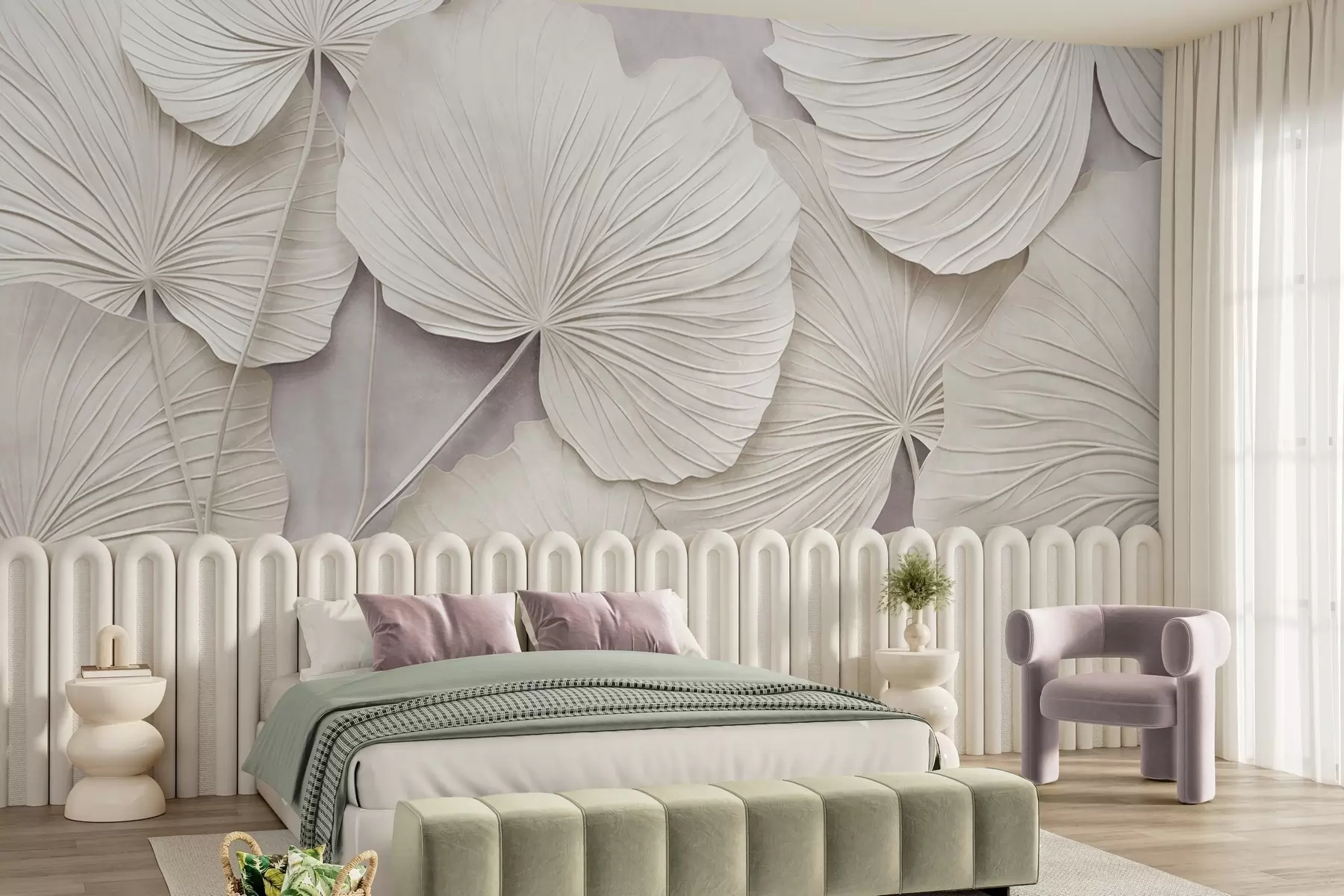 wall murals Велики, текстурирани листови на мекој, пригушеној позадини, минималистичка модерна уметност w09897