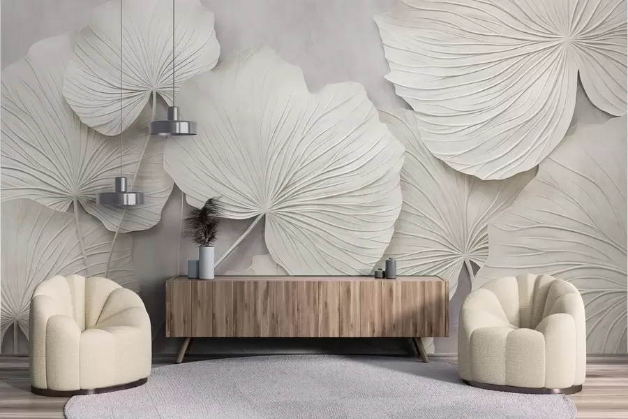 wall murals Велики, текстурирани листови на мекој, пригушеној позадини, минималистичка модерна уметност w09897