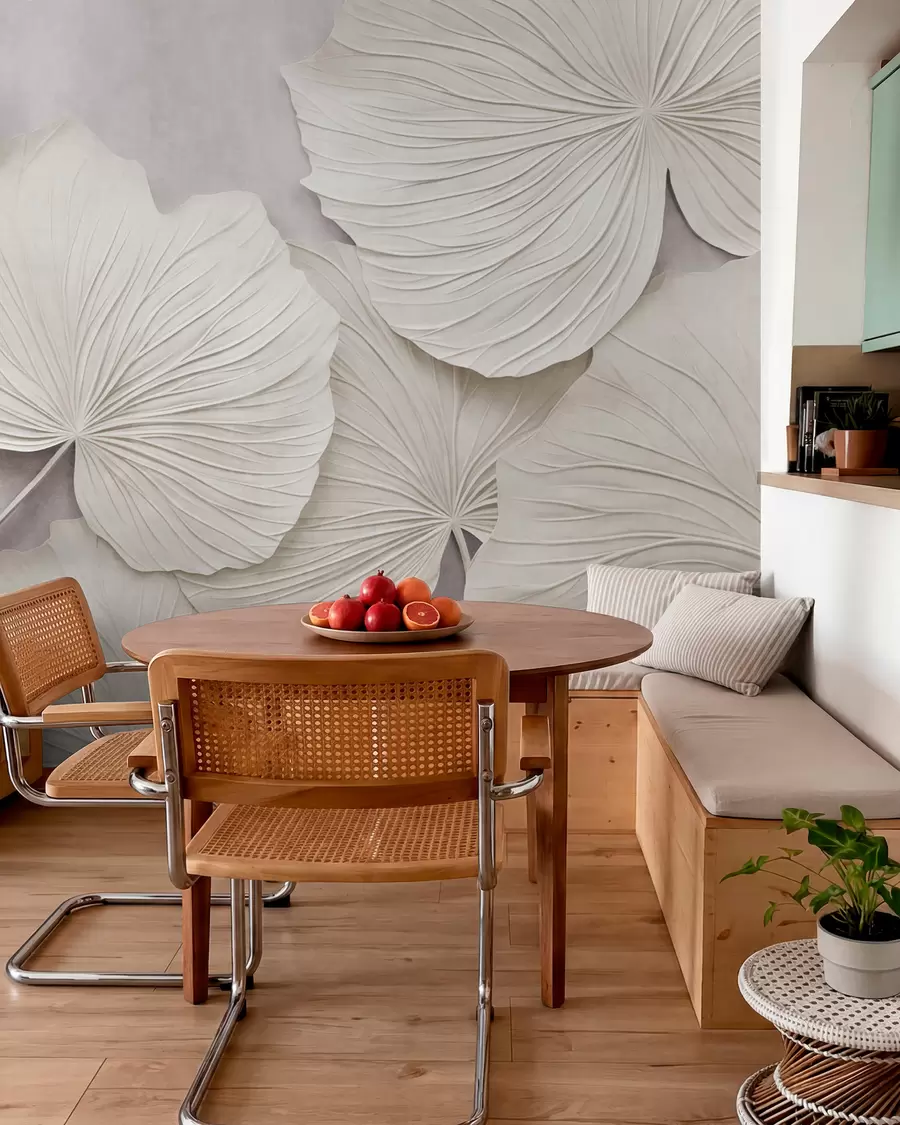 wall murals Велики, текстурирани листови на мекој, пригушеној позадини, минималистичка модерна уметност w09897