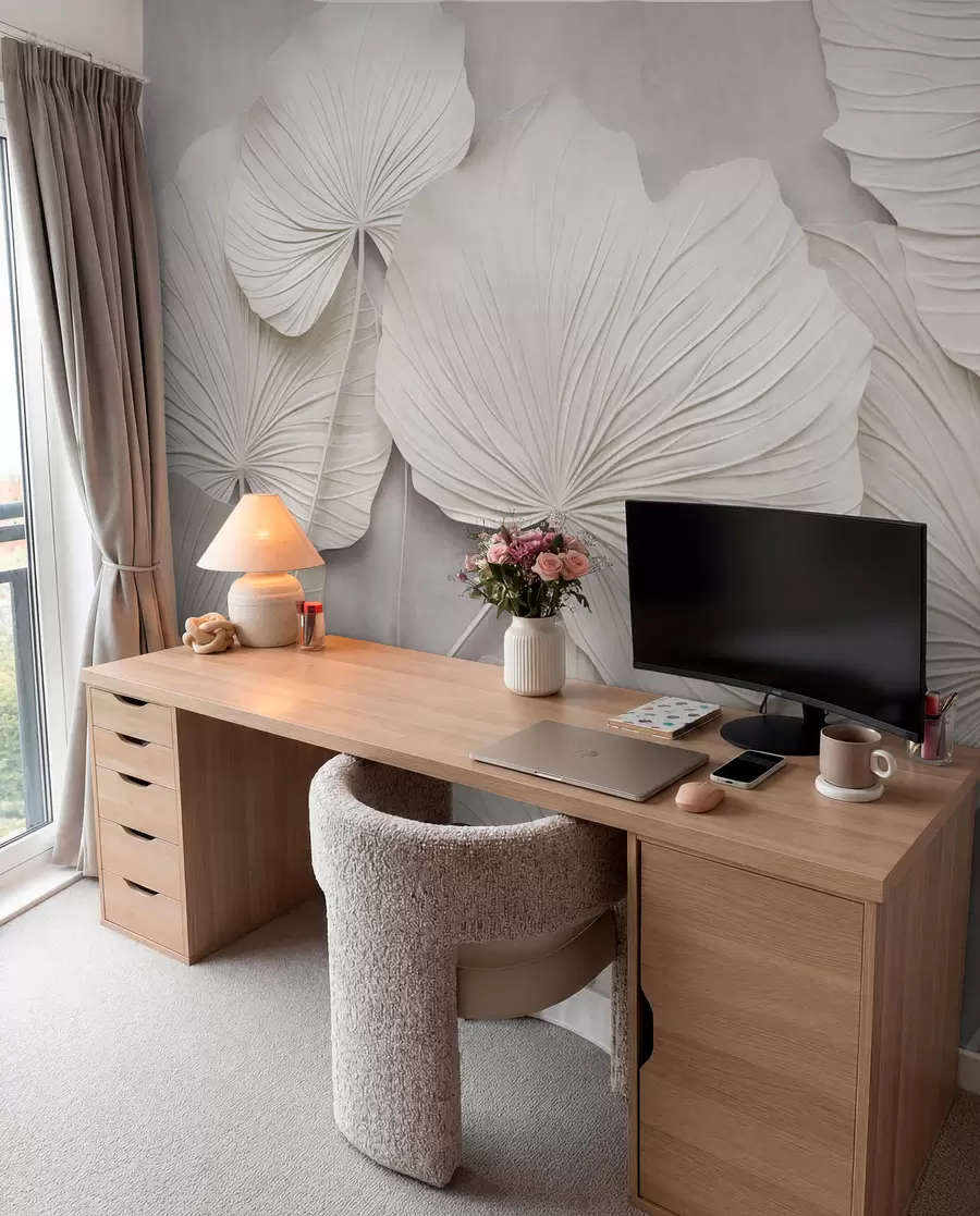 wall murals Велики, текстурирани листови на мекој, пригушеној позадини, минималистичка модерна уметност w09897
