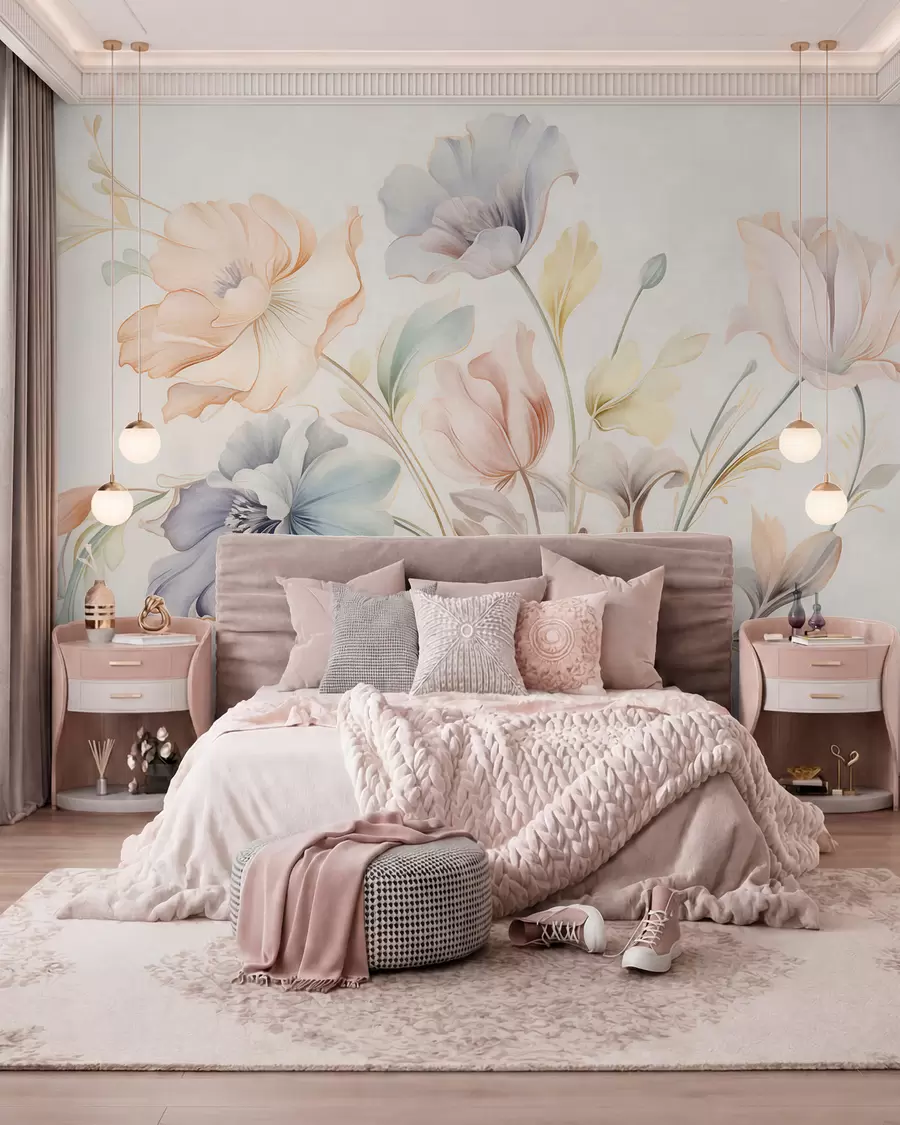 wall murals Нежно цвеће у пастелним нијансама ружичасте, плаве и жуте са зеленим листовима, светла позадина w09898