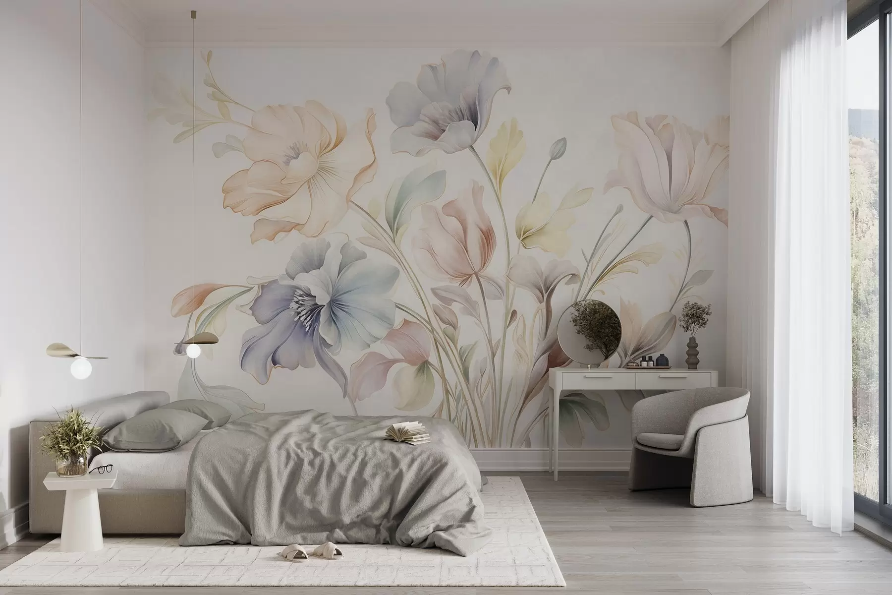 wall murals Нежно цвеће у пастелним нијансама ружичасте, плаве и жуте са зеленим листовима, светла позадина w09898