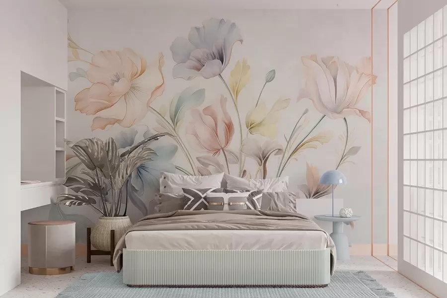 wall murals Нежно цвеће у пастелним нијансама ружичасте, плаве и жуте са зеленим листовима, светла позадина w09898