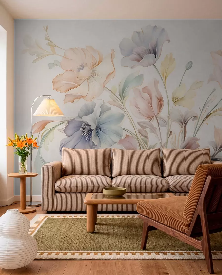 wall murals Нежно цвеће у пастелним нијансама ружичасте, плаве и жуте са зеленим листовима, светла позадина w09898