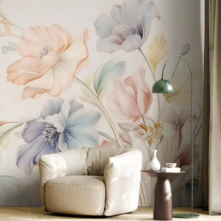 wall murals Нежно цвеће у пастелним нијансама ружичасте, плаве и жуте са зеленим листовима, светла позадина w09898