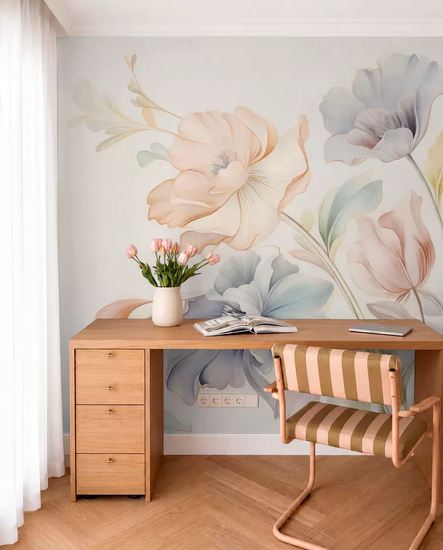 wall murals Нежно цвеће у пастелним нијансама ружичасте, плаве и жуте са зеленим листовима, светла позадина w09898