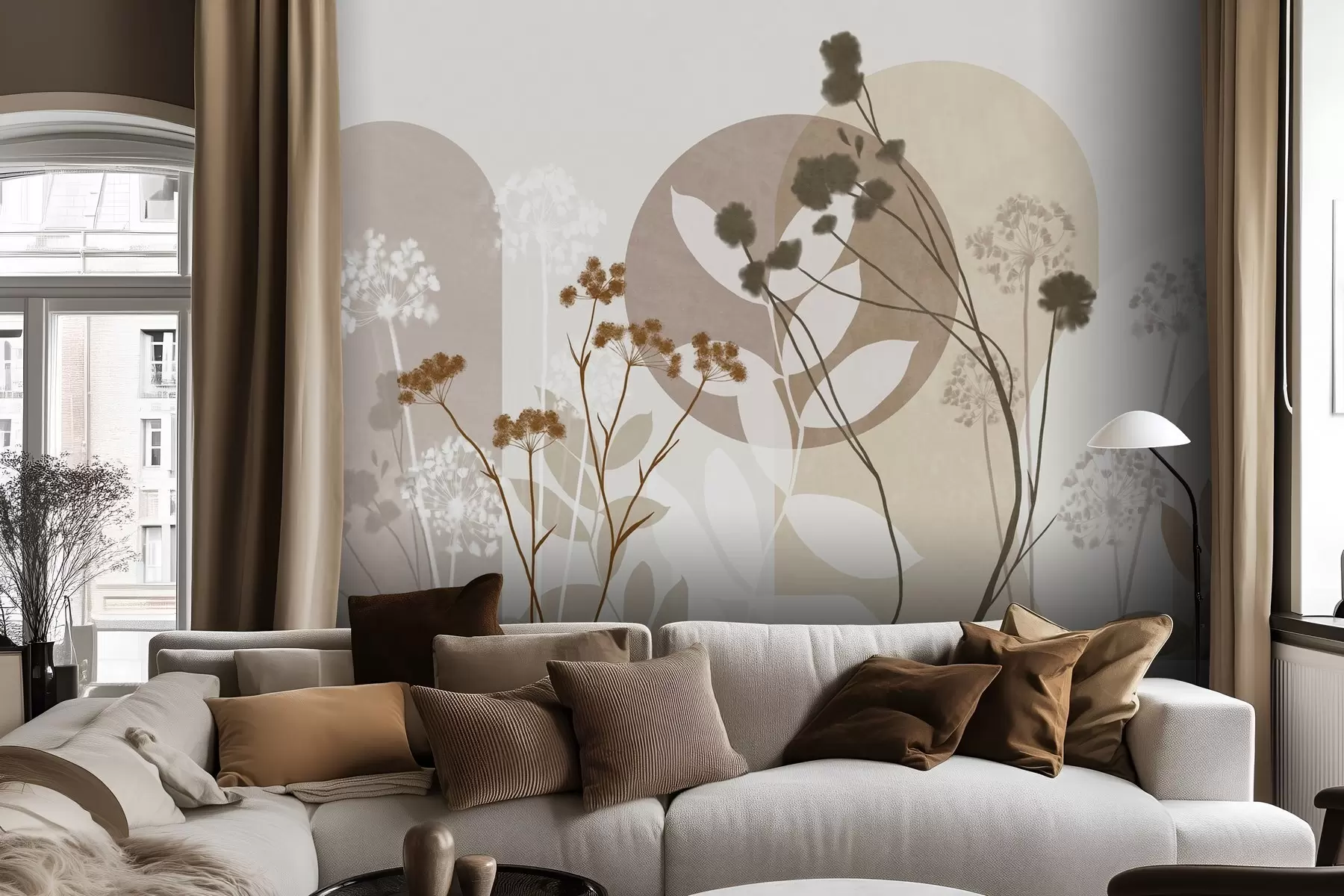 wall murals Ботаничка и минималистичка композиција сушеног цвећа и лишћа са апстрактном геометријом w09906