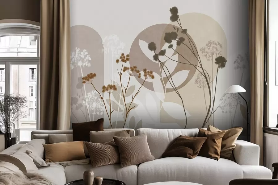 wall murals Ботаничка и минималистичка композиција сушеног цвећа и лишћа са апстрактном геометријом w09906