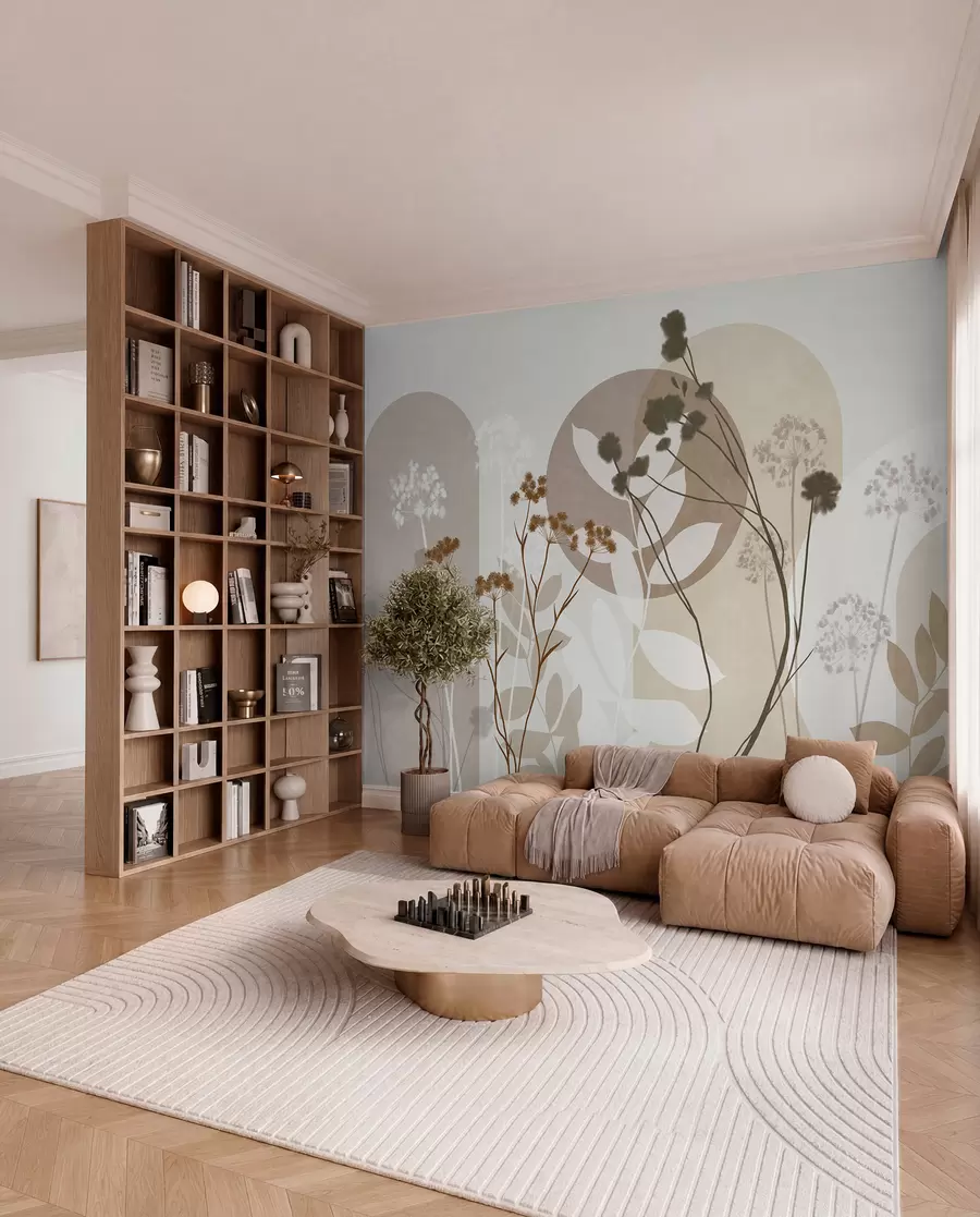 wall murals Ботаничка и минималистичка композиција сушеног цвећа и лишћа са апстрактном геометријом w09906