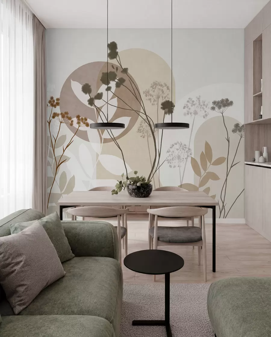 wall murals Ботаничка и минималистичка композиција сушеног цвећа и лишћа са апстрактном геометријом w09906