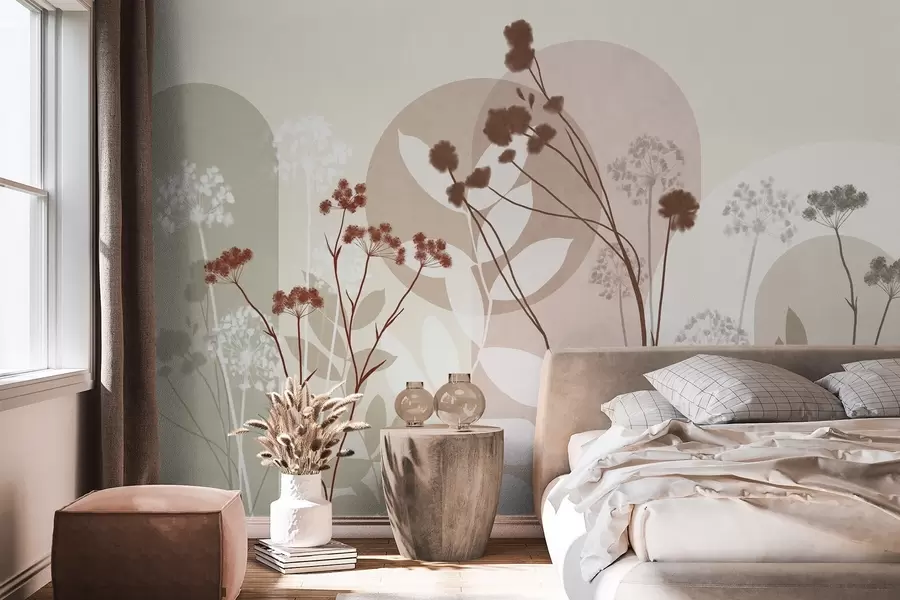 wall murals Ботаничка и минималистичка композиција сушеног цвећа и лишћа са апстрактном геометријом w09906v1