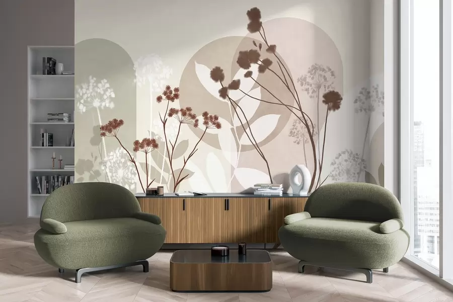 wall murals Ботаничка и минималистичка композиција сушеног цвећа и лишћа са апстрактном геометријом w09906v1