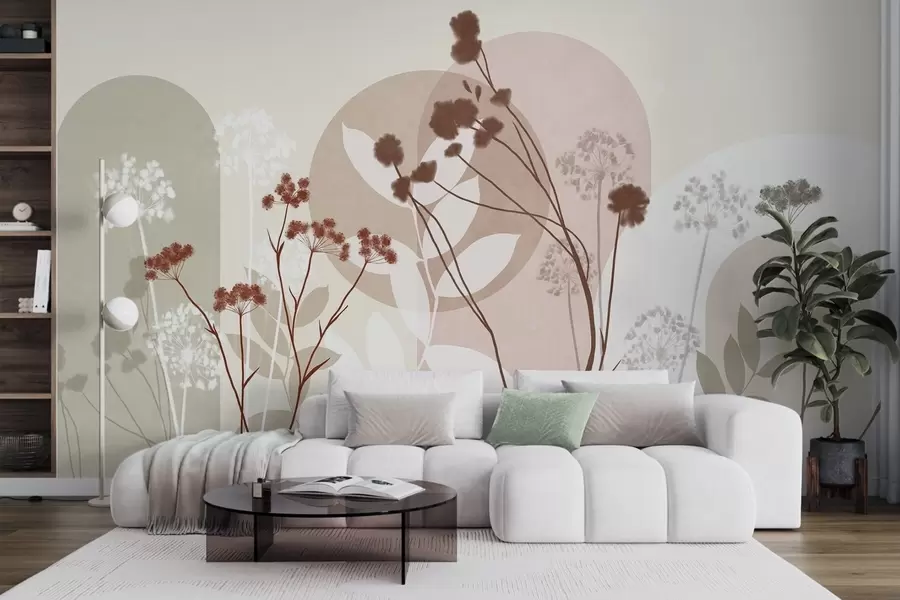 wall murals Ботаничка и минималистичка композиција сушеног цвећа и лишћа са апстрактном геометријом w09906v1