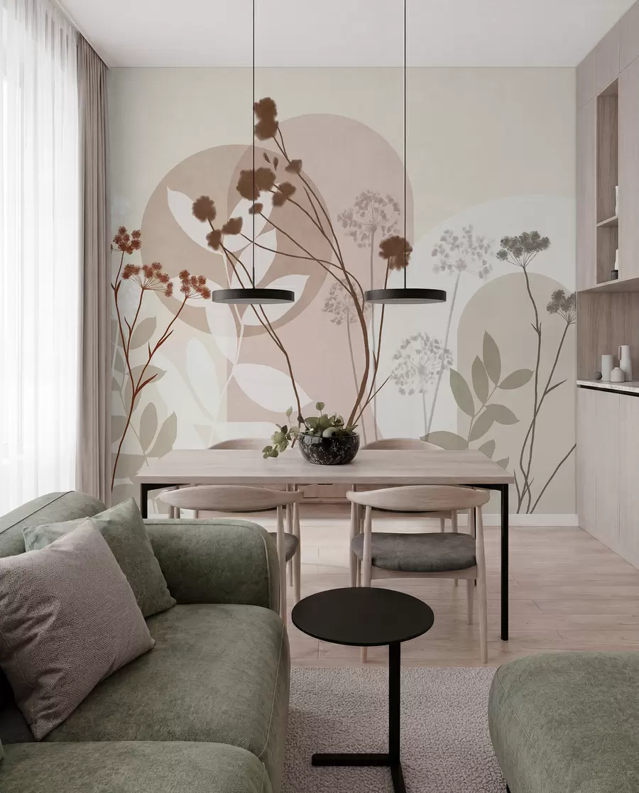 wall murals Ботаничка и минималистичка композиција сушеног цвећа и лишћа са апстрактном геометријом w09906v1